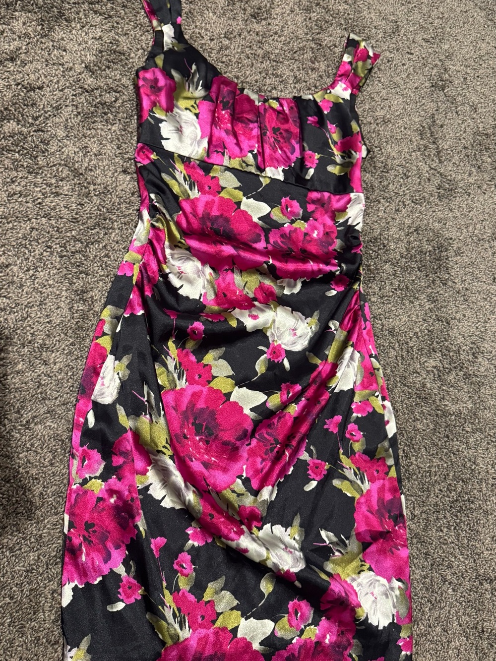 Maggy London Black Floral Midi Dress with Fuchsia & Ivory Blooms